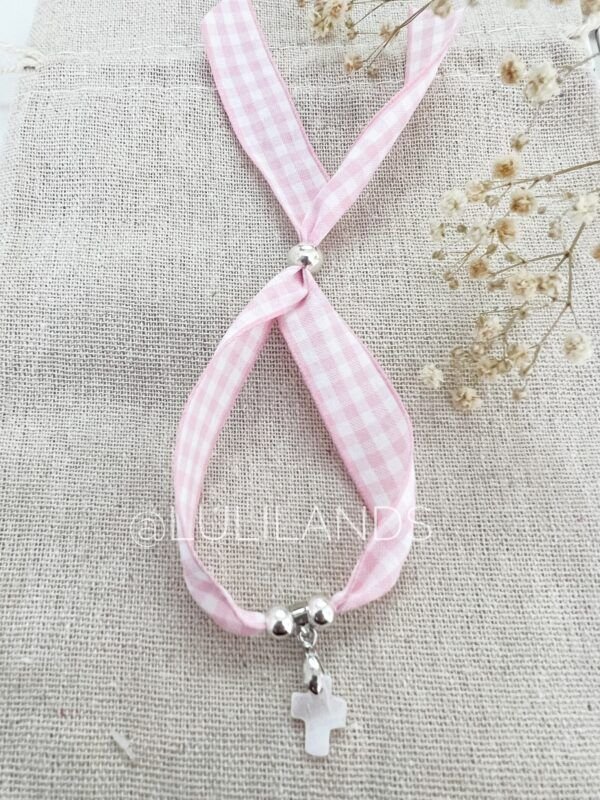 pulsera cinta vichy con cruz de nácar